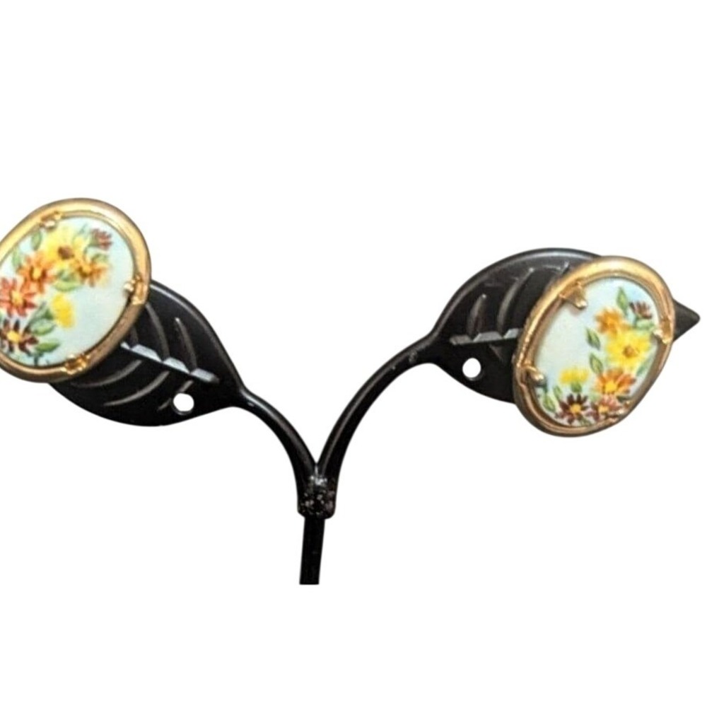 Vintage Hand Painted Floral Porcelain Screw‎ Back Earrings Gold Tone Blue Yellow